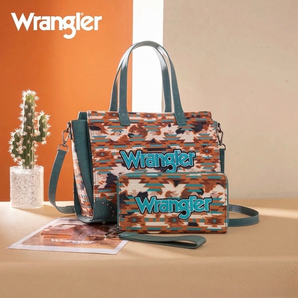 Wrangler Aztec Print Tote/Crossbody + Wallet Turquoise